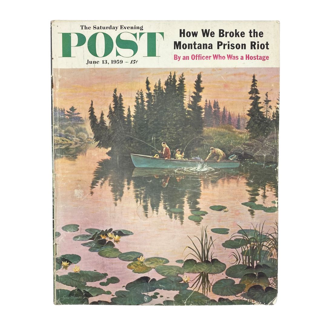 Cover of the Saturday Evening Post Magazine June 13 1959 featuring artwork by John Clymer, depicting a serene fishing scene with a boat on a lake surrounded by trees and lily pads.