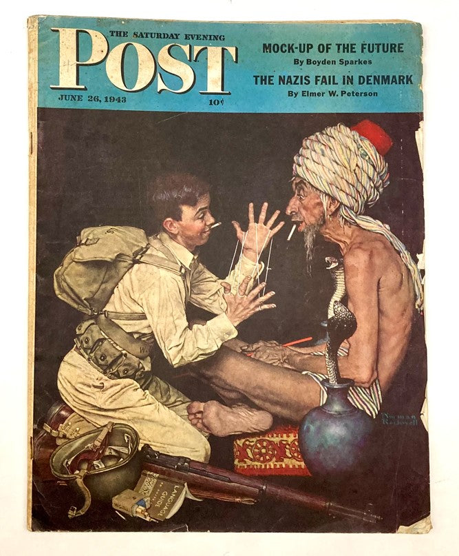 Saturday Evening Post Illustrated Cover Magazine June 26 1943 featuring a soldier interacting with an elderly figure, showcasing vintage art from the 1940s.