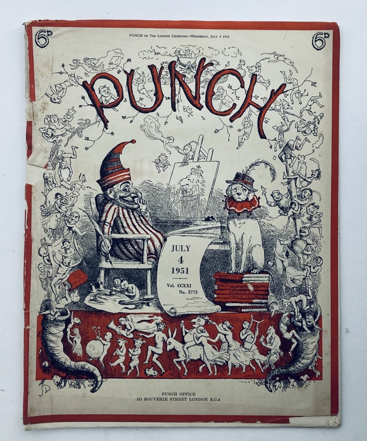 Cover of Punch Magazine July 4 1951, Volume 221, Issue No. 5775, featuring whimsical illustrations and humorous cartoons reflecting post-World War II satire.