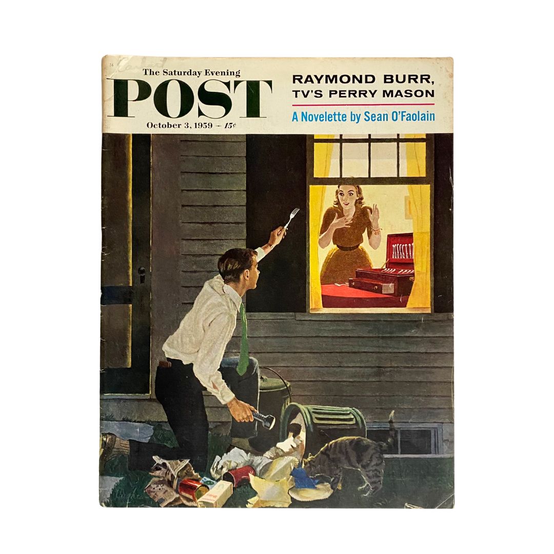 Cover of Saturday Evening Post Magazine from October 3, 1959, featuring a dramatic illustration with a man holding a flashlight and looking at a woman inside a house, titled "Saturday Evening Post Magazine October 3 1959 Quaint Places - Hughes No Label".