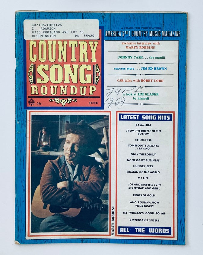 Cover of the VTG Country Song Roundup Magazine from June 1969 featuring Marty Robbins, showcasing interviews with Johnny Cash and Jim Ed Brown, notable song hits, and a vibrant vintage design.