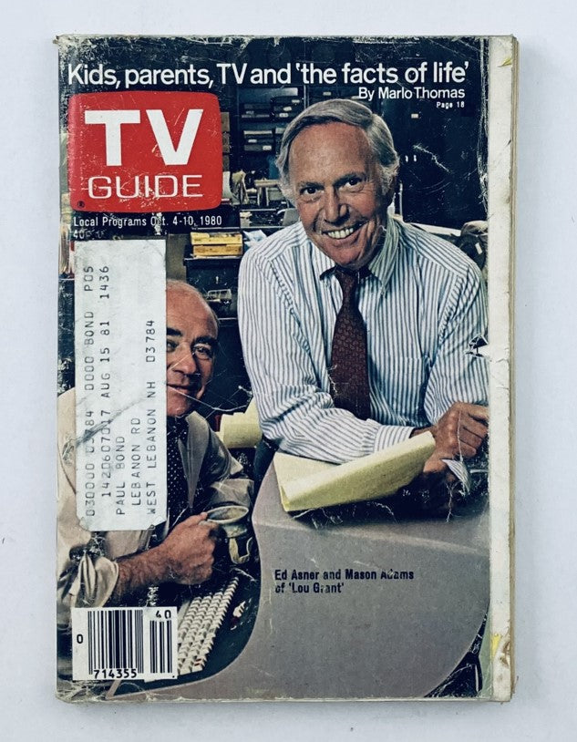 TV Guide Magazine cover from October 4, 1980 featuring Ed Asner and Mason Adams, highlighting the article 'Kids, parents, TV and the facts of life'.