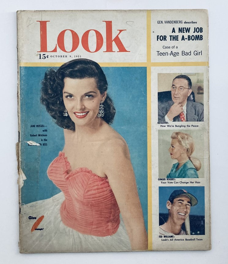 VTG Look Magazine October 9 1951 featuring Jane Russell on the cover, showcasing vintage fashion and Hollywood glamour.