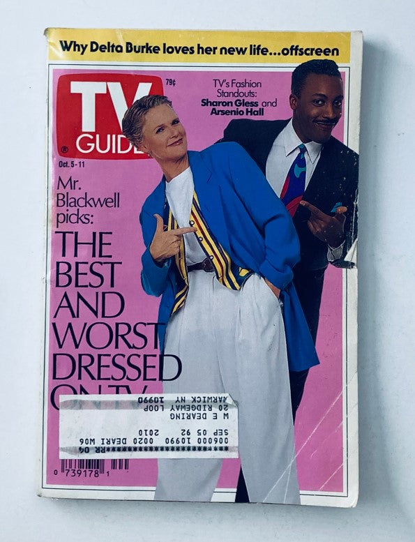 TV Guide Magazine from October 5, 1991 featuring Sharon Gless and Arsenio Hall on the cover, highlighting television fashion and popular shows of the early '90s.