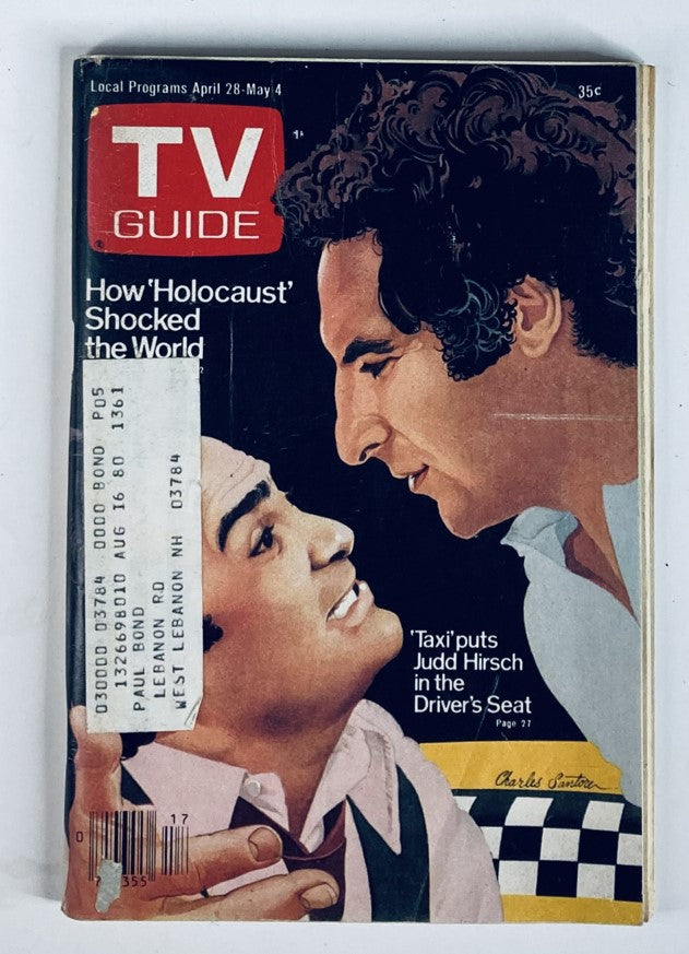 Cover of TV Guide Magazine from April 28, 1979 featuring Danny DeVito and Judd Hirsch, with an illustration highlighting the series Taxi and the article about the Holocaust.