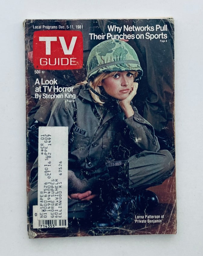 Cover of TV Guide Magazine dated December 5, 1981 featuring Lorna Patterson with a military theme. The cover includes articles on TV horror by Stephen King and features details indicating it is a Kansas State Edition.