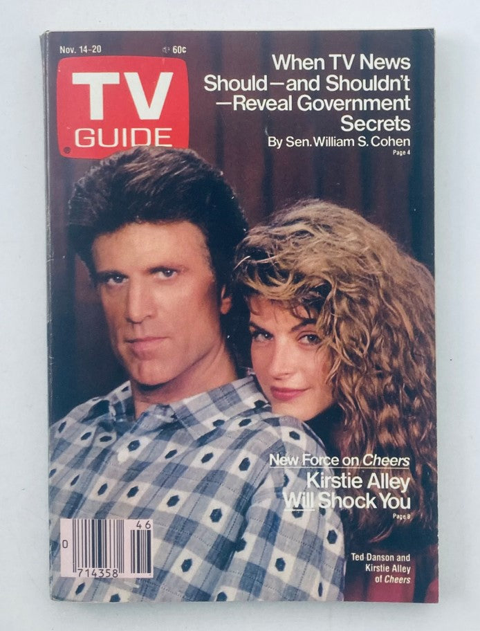 TV Guide Magazine cover from November 14, 1987 featuring Ted Danson and Kirstie Alley, with the headline on government secrets and promotion for the show Cheers.
