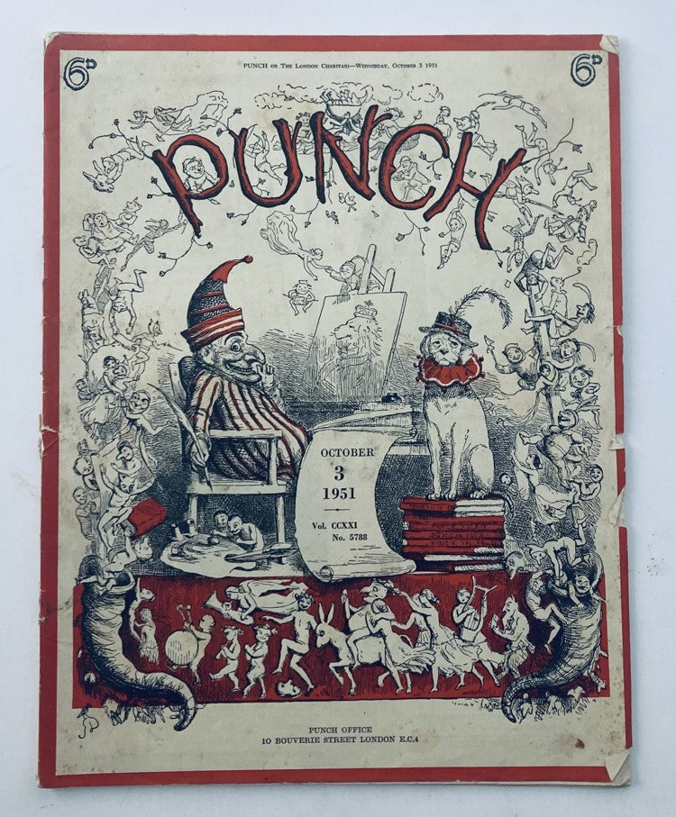 Cover of VTG Punch Magazine, October 3, 1951, Vol 221 No 5788 featuring humorous illustrations related to WWII, showcasing classic cartoon style and themes.