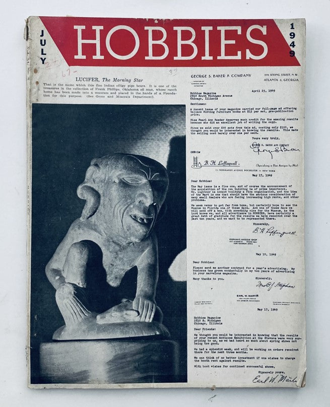 VTG Hobbies Magazine from July 1949 featuring the article 'Lucifer, The Morning Star,' showcasing a vintage cover with an artistic statue and retro style.