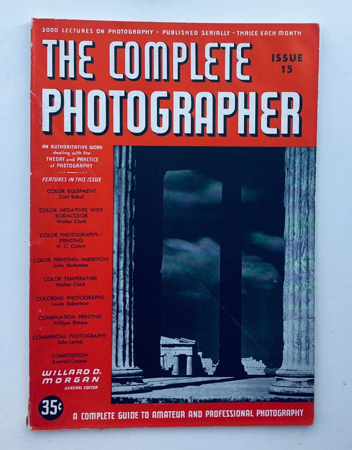 The Complete Photographer Magazine February 10 1942 Cover showcasing color equipment and photography techniques from the 1940s, featuring iconic columns and a vibrant red design.