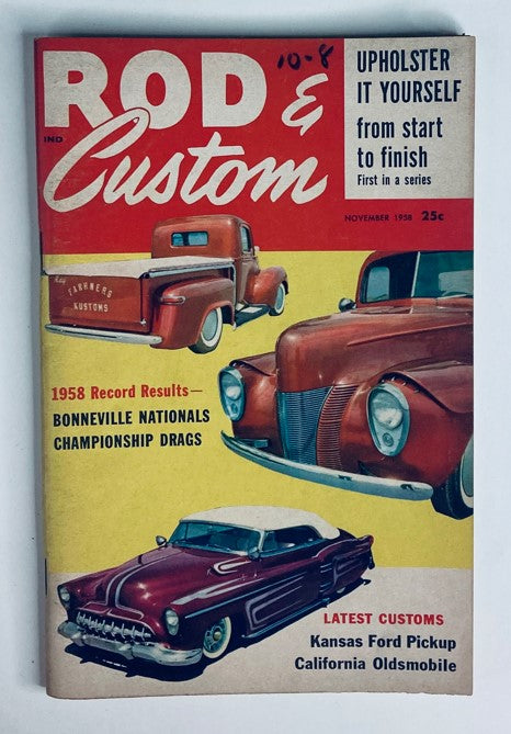Cover of VTG Rod & Custom Magazine from November 1958 featuring classic cars, the title 'Rod & Custom', and details on the 1958 Bonneville Nationals Championship Drags.