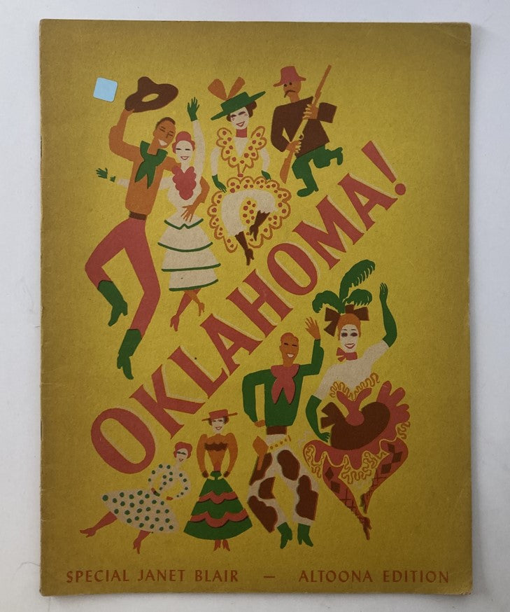 VTG 1953 Oklahoma! Stage Play Souvenir Program cover featuring colorful illustrations of performers in festive attire and bold lettering.