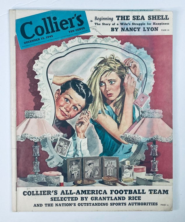 VTG Collier's Magazine December 15 1945 Vol 116 No. 24 cover featuring vibrant illustration related to 'The Sea Shell', showcasing a woman and a boy in a nostalgic domestic setting.