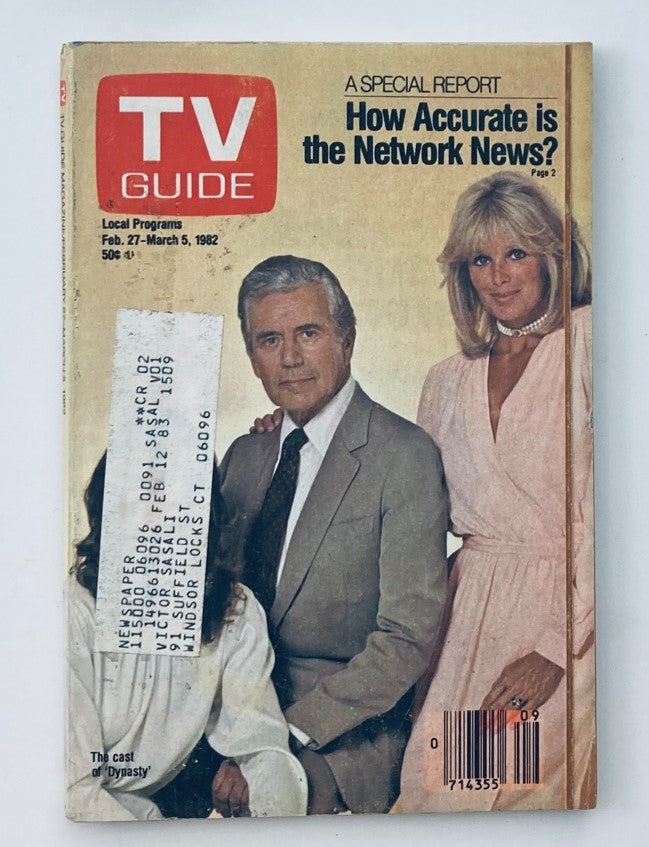 TV Guide Magazine featuring the cast of Dynasty, dated February 27, 1982. Cover shows prominent figures from the show along with a special report title about network news accuracy.