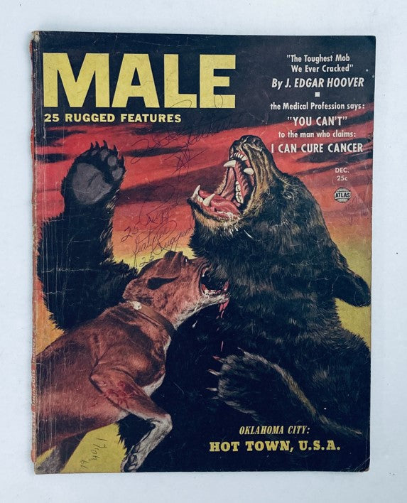 Cover of VTG Male Magazine December 1952, Vol 2 No. 11, featuring an illustration of a bear and a dog, with the headline 'The Toughest Mob We Ever Cracked' by J. Edgar Hoover.
