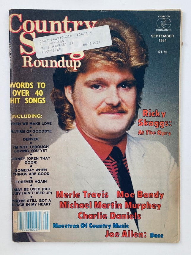 Vintage Country Song Roundup magazine from September 1984 featuring Ricky Skaggs at The Opry on the cover, showcasing music highlights and cultural insights from the 1980s.