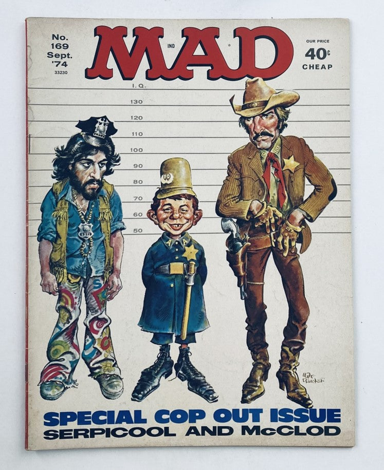 Mad Magazine September 1974, Issue No. 169 featuring Serpicool and McClod on the cover. The cover showcases three characters illustrated in a humorously exaggerated style, referencing the 'Special Cop Out Issue', highlighting the magazine's satirical take on pop culture.