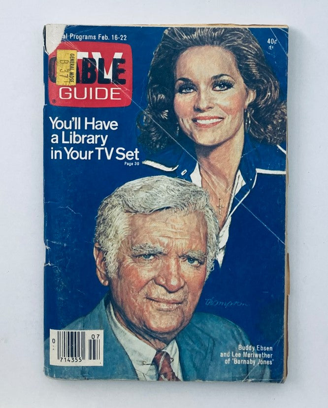 TV Guide Magazine from February 16, 1980 featuring Barnaby Jones and Central PA Edition. The magazine cover includes a vintage illustration of Buddy Ebsen and Lee Meriwether along with the text 'You'll Have a Library in Your TV Set'.