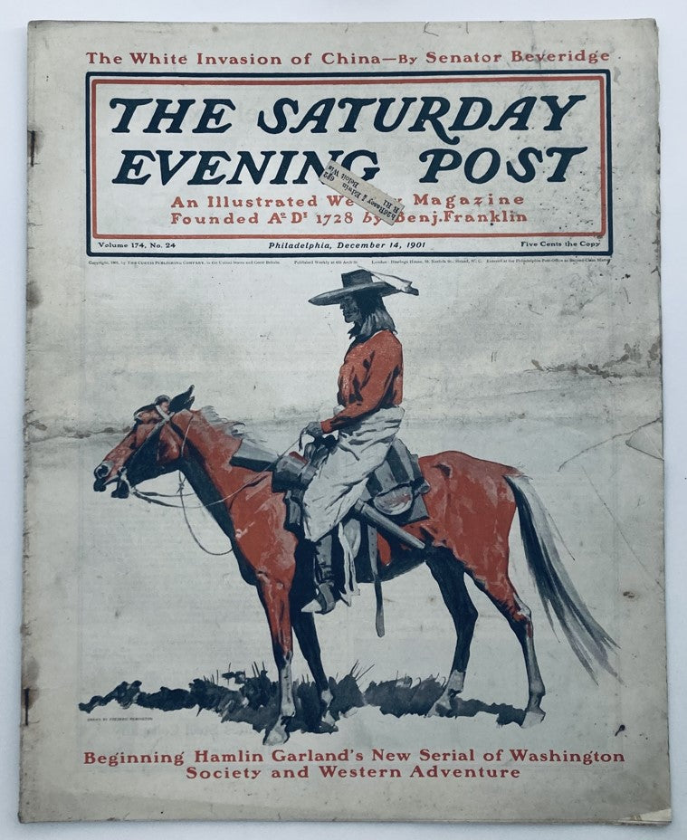 Cover of The Saturday Evening Post, December 14, 1901, featuring 'The White Invasion of China' by Senator Beveridge. The image depicts a soldier on horseback, reflecting the historical theme of the article.