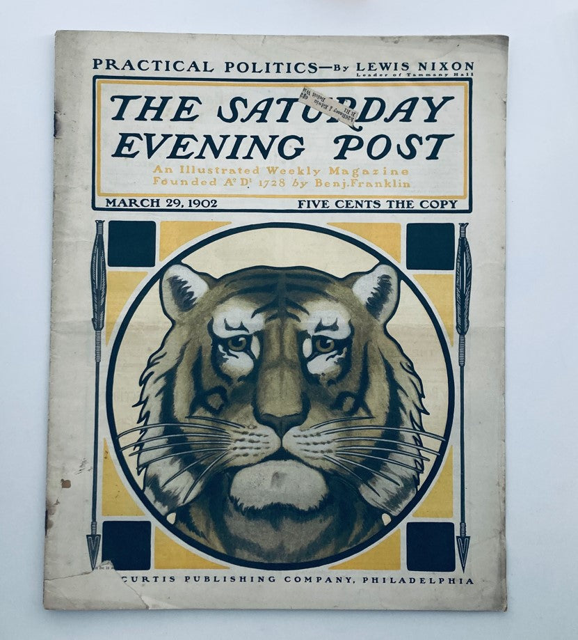 Cover of The Saturday Evening Post from March 29, 1902, featuring 'Practical Politics' by Lewis Nixon with an illustration of a tiger.