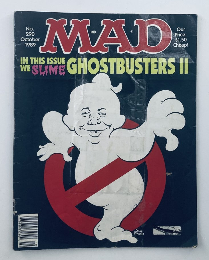 Cover of Mad Magazine October 1989 No. 290 featuring a cartoonish character from Ghostbusters II, with the headline 'We Slime Ghostbusters II'. The magazine showcases vibrant colors and iconic artwork, making it a collectible item for fans of pop culture.