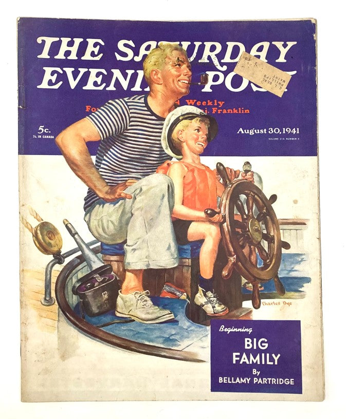 Saturday Evening Post Illustrated Cover Magazine from August 30, 1941, featuring a vibrant illustration titled 'Big Family', depicting a joyful scene with a child at the helm of a boat, showcasing the essence of family life in the early 1940s.