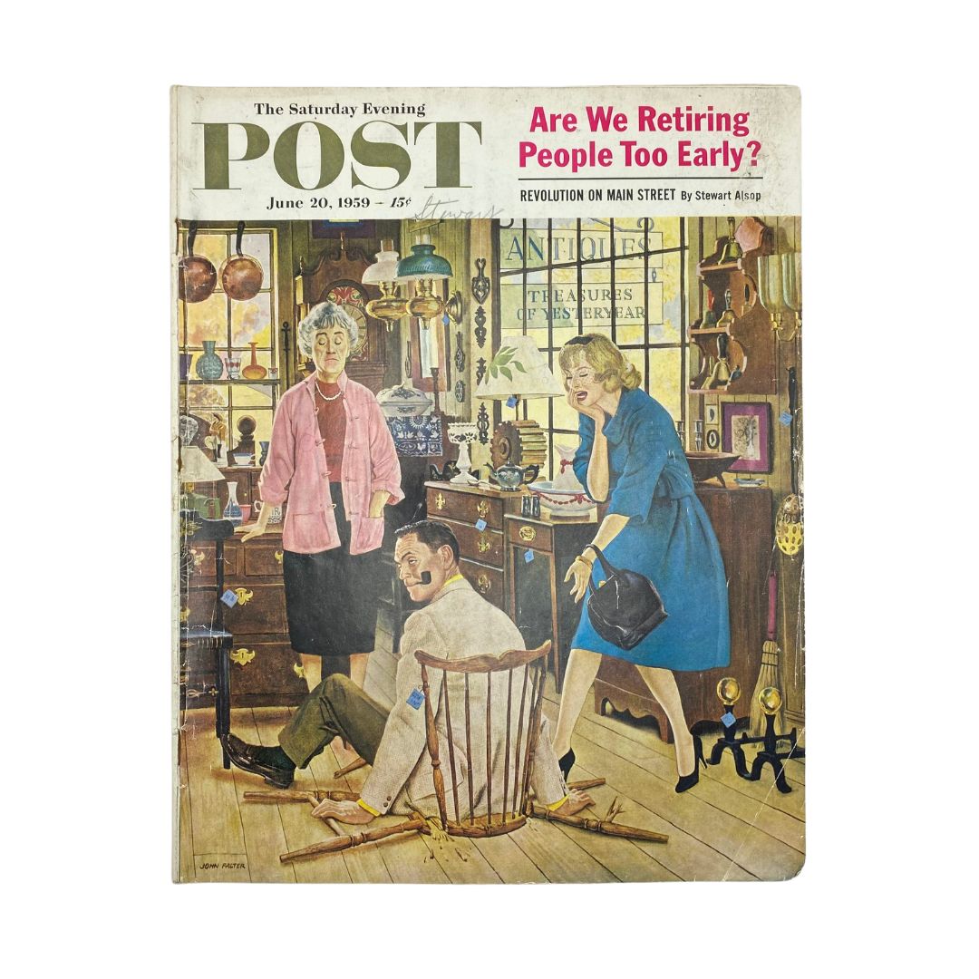 Cover of the Saturday Evening Post Magazine from June 20, 1959 showcasing an illustration by John Falter, featuring a comedic scene in an antique shop.