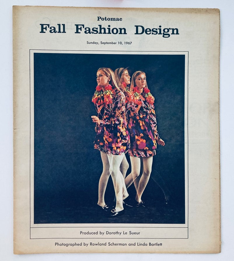 Cover of VTG Potomac Fall Fashion Magazine dated September 10, 1967, featuring models in vibrant floral outfits and tights, showcasing autumn fashion designs.