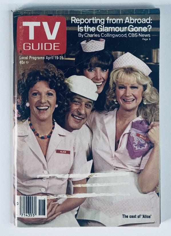 Cover of TV Guide Magazine April 19, 1980, issue #1412 featuring the cast of 'Alice,' showcasing four smiling actors in character attire with the magazine's iconic red logo.