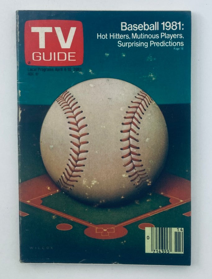 TV Guide Magazine April 4 1981 featuring Baseball Hot Hitters, showcasing a baseball on the cover with a green background.
