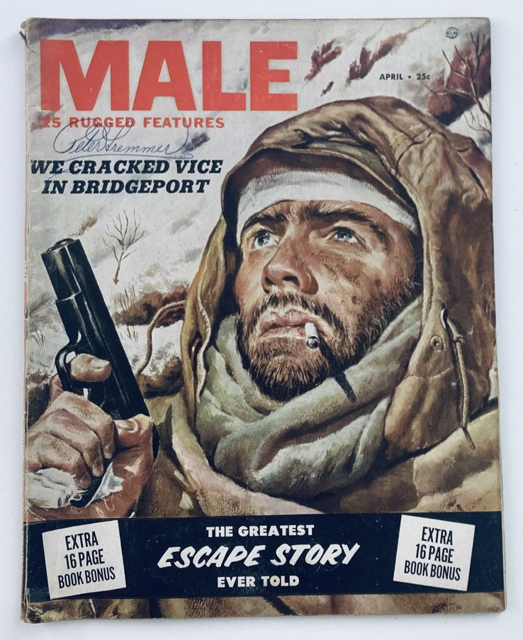 Cover of VTG Male Magazine April 1953 Vol 3 #4 featuring the title "The Greatest Escape Story Ever" and an illustration of a rugged man with a gun.