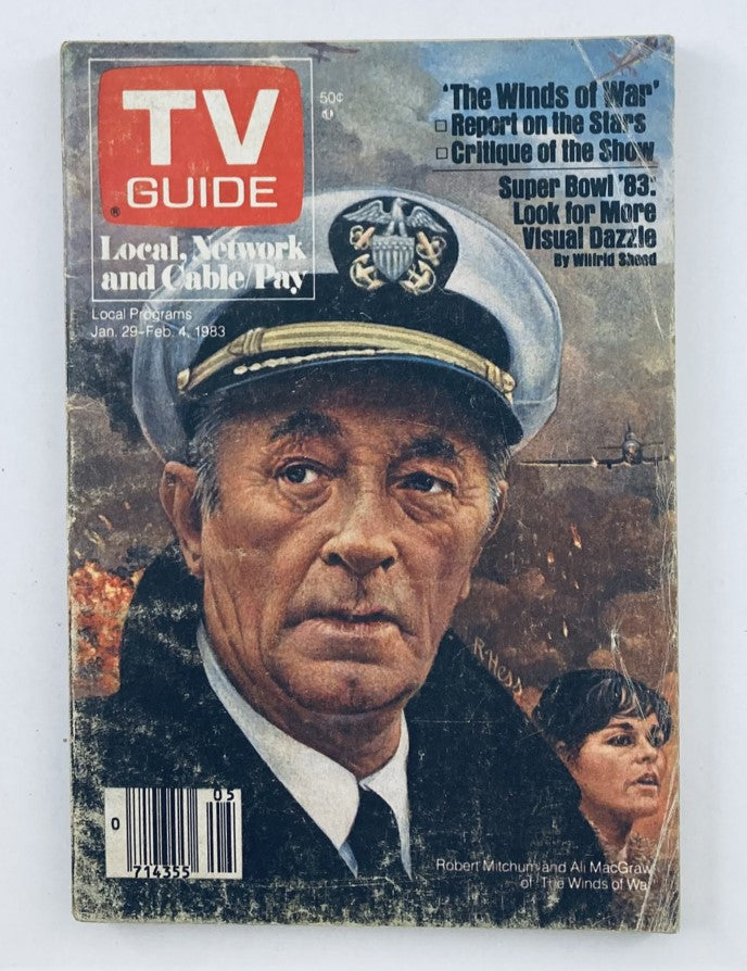 TV Guide Magazine cover from January 29, 1983 featuring Robert Mitchum, promoting series like 'The Winds of War', with a visual featuring a military captain and dramatic artwork.