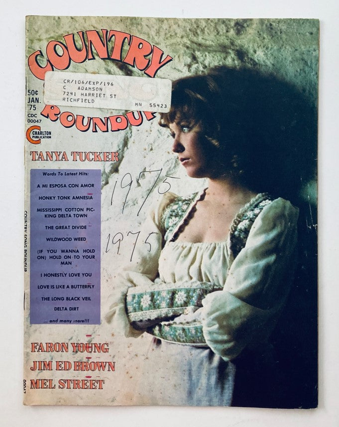 Cover of the VTG Country Song Roundup Magazine from January 1975 featuring Tanya Tucker and promotional text highlighting Faron Young and Jim Ed Brown.