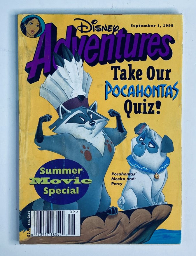 Cover of Disney Adventures Magazine September 1, 1995 featuring characters from Pocahontas, including Meeko and Percy, highlighted by the title 'Take Our Pocahontas Quiz!' showcasing vibrant illustrations and nostalgic design.