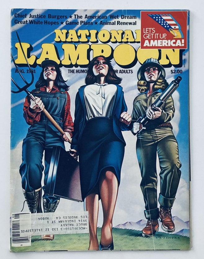 Vintage National Lampoon Magazine August 1981 cover featuring humorous illustrations of women with props, symbolizing themes of Chief Justice, Burgers, and Americana.