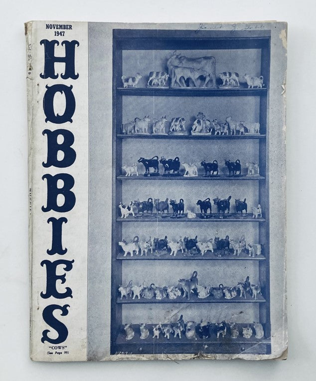 VTG Hobbies Magazine November 1947 No. 9 showcasing a vintage collection of cows on shelves, perfect for collectors and enthusiasts.