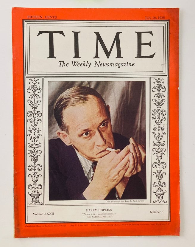 VTG Time Magazine cover from July 18, 1938, featuring American statesman Harry L. Hopkins, showcasing the title 'TIME The Weekly Newsmagazine' with a bright orange border.