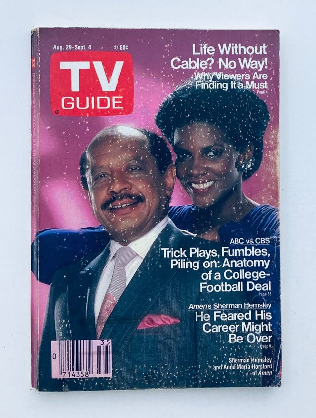 TV Guide Magazine cover from August 29, 1987 featuring Sherman Hemsley and Anna Maria Horsford in vibrant colors, highlighting television viewing preferences without cable.