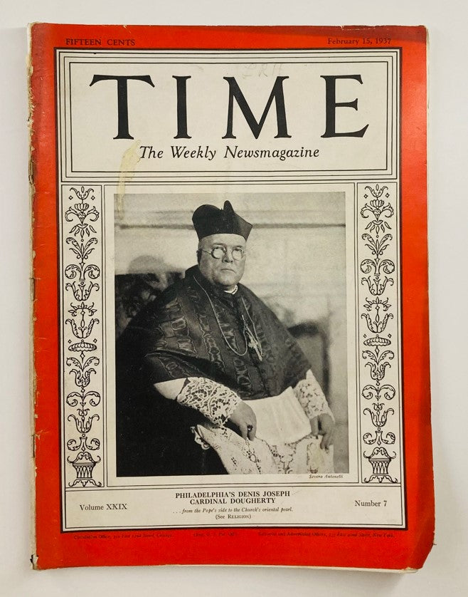 Vintage Time Magazine February 15 1937 Vol 29 No. 7 Denis Joseph Cardinal Dougherty