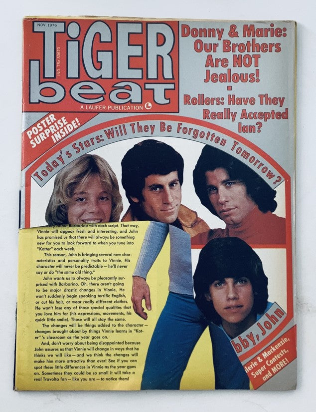 Cover of VTG Tiger Beat Magazine, November 1976 featuring Donny & Marie Osmond, with headlines on today's stars and a poster surprise inside, encapsulating 1970s pop culture.