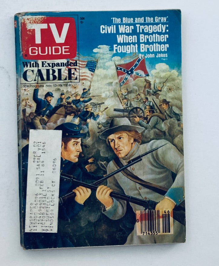 TV Guide Magazine cover from November 13, 1982, featuring Civil War Tragedy: When Brother Fought Brother by John Jakes, depicting a dramatic scene of soldiers at battle.
