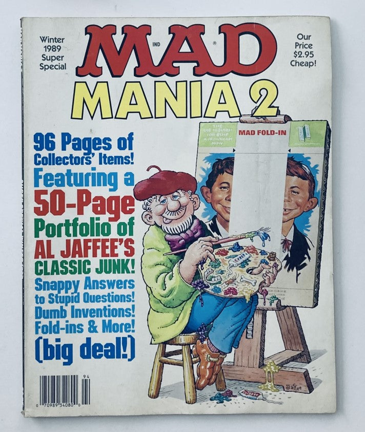 Cover of Mad Magazine Winter 1989 Mania 2 Portfolio of Al Jaffe's Junk featuring vibrant artwork, bold title, and details about the magazine's collector's items.
