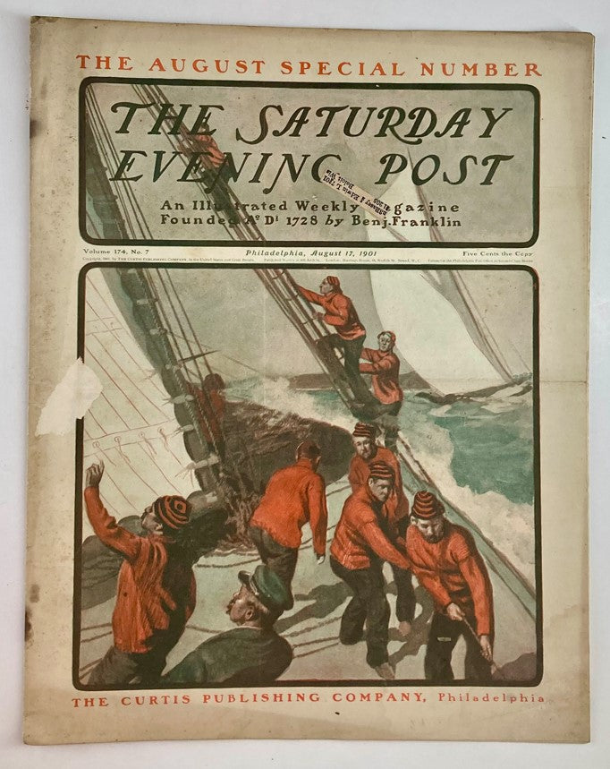 Cover of the Saturday Evening Post Illustrated Cover Magazine August 17 1901, featuring sailors on a ship, part of the August Special issue showcasing early 20th-century America.