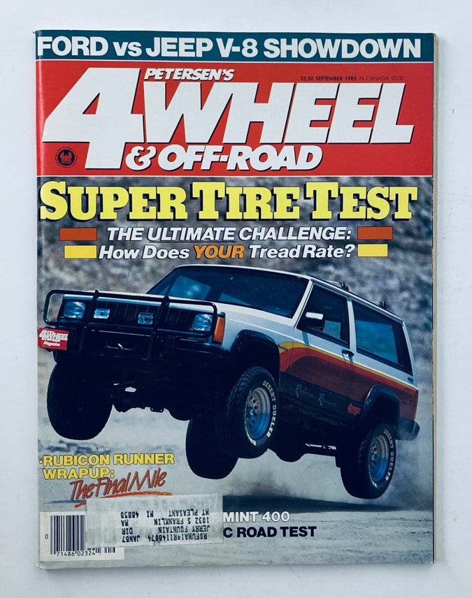 Cover of VTG Petersen's 4 Wheel & Off-Road Magazine September 1985, featuring 'Ford vs Jeep V-8 Showdown' headline and an image of a four-wheel drive vehicle.