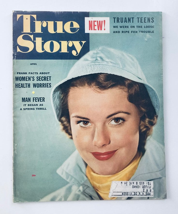 Cover of VTG True Story Magazine April 1954 Vol 69 No. 9 featuring Myrna Hansen, showcasing a vintage aesthetic with a pastel color palette and headlines related to women's health and teen issues.