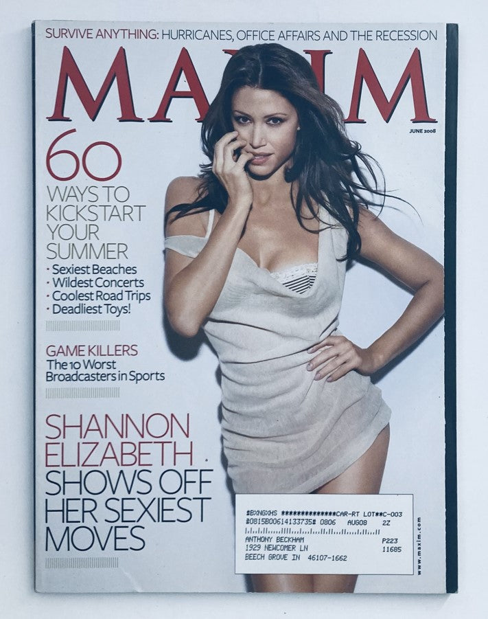 Cover of Maxim Magazine June 2008 featuring Shannon Elizabeth showing off her sexiest moves, highlighting summer and lifestyle themes.