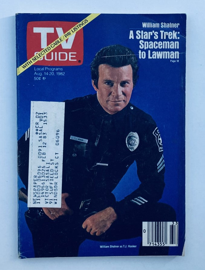 TV Guide Magazine cover from August 14, 1982, featuring William Shatner as T.J. Hooker. The magazine highlights local programming and includes a nostalgic look at television from the early '80s.