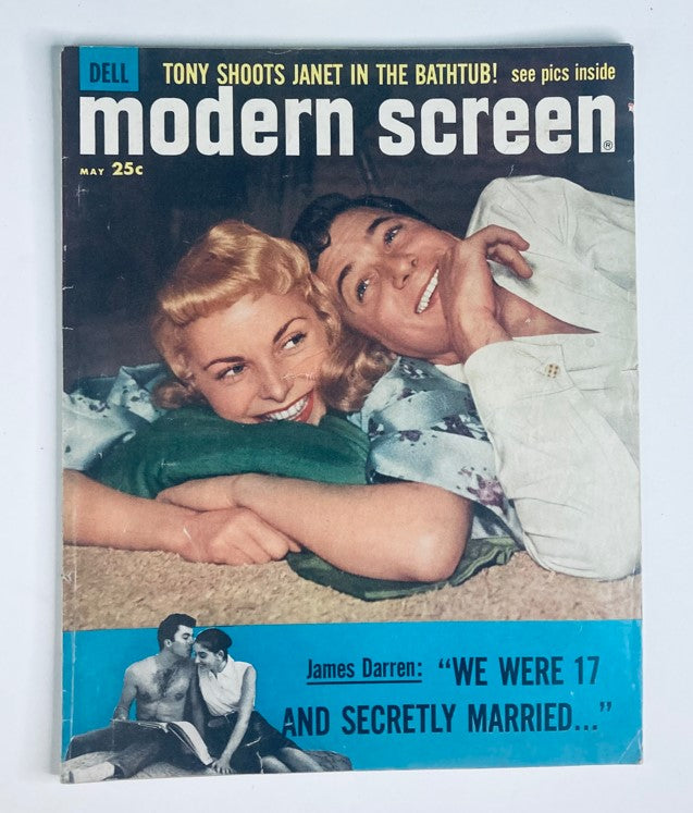 VTG Modern Screen Magazine May 1958 featuring Janet Leigh and Tony Curtis on the cover, showcasing a vintage Hollywood aesthetic. The magazine highlights their playful interaction and includes nostalgic advertisements from the era.