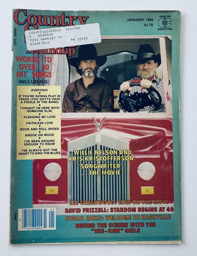 Vintage Country Song Roundup Magazine, January 1985, featuring Willie Nelson and Kris Kristofferson on the cover. The magazine highlights country music history with iconic artists and offers insights into the genre's golden age.