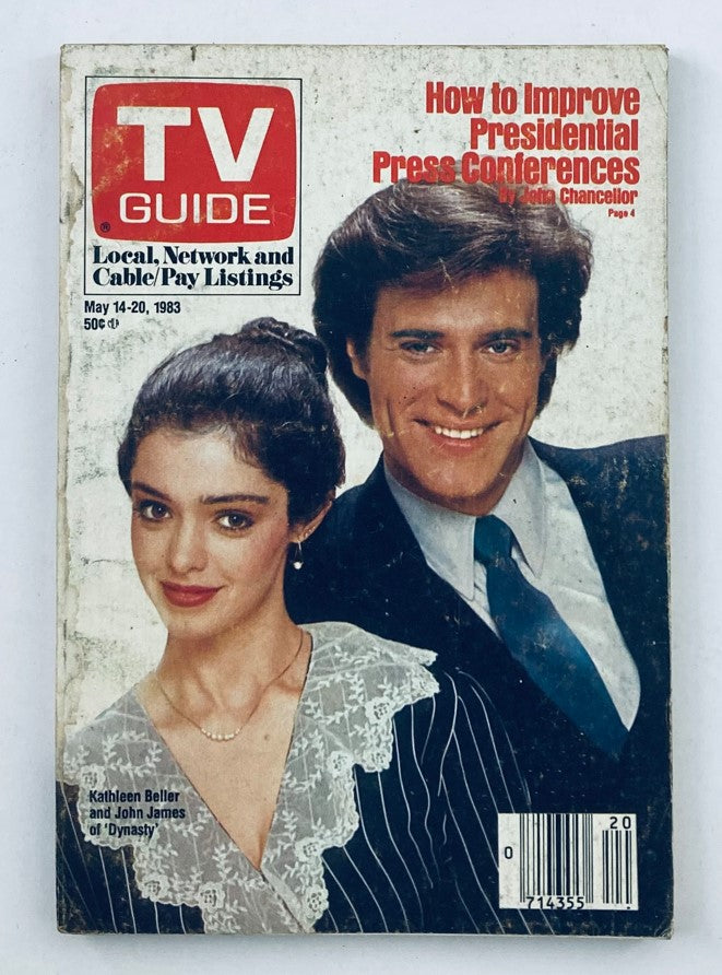 TV Guide Magazine May 14 1983 featuring Kathleen Beller and John James from 'Dynasty', showcasing local cable and pay listings.